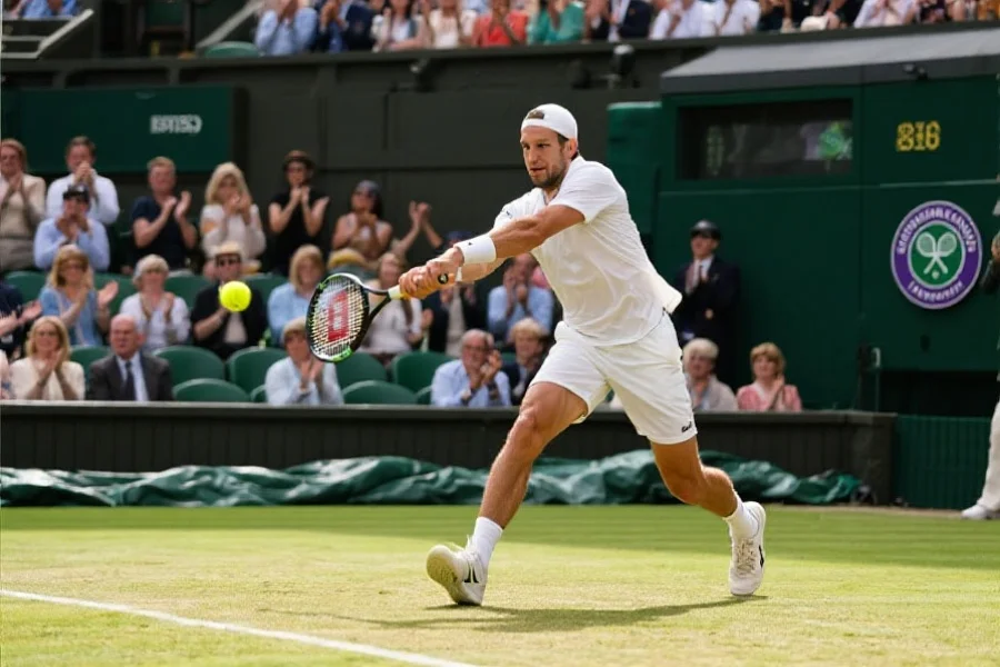 网球选手在温布尔登草地球场奋力回球，观众席上掌声雷动