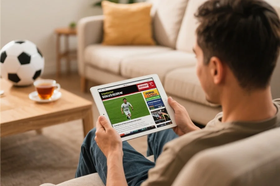 用户在舒适的家中使用平板电脑浏览体育资讯，旁边有茶水与足球元素，画面温馨